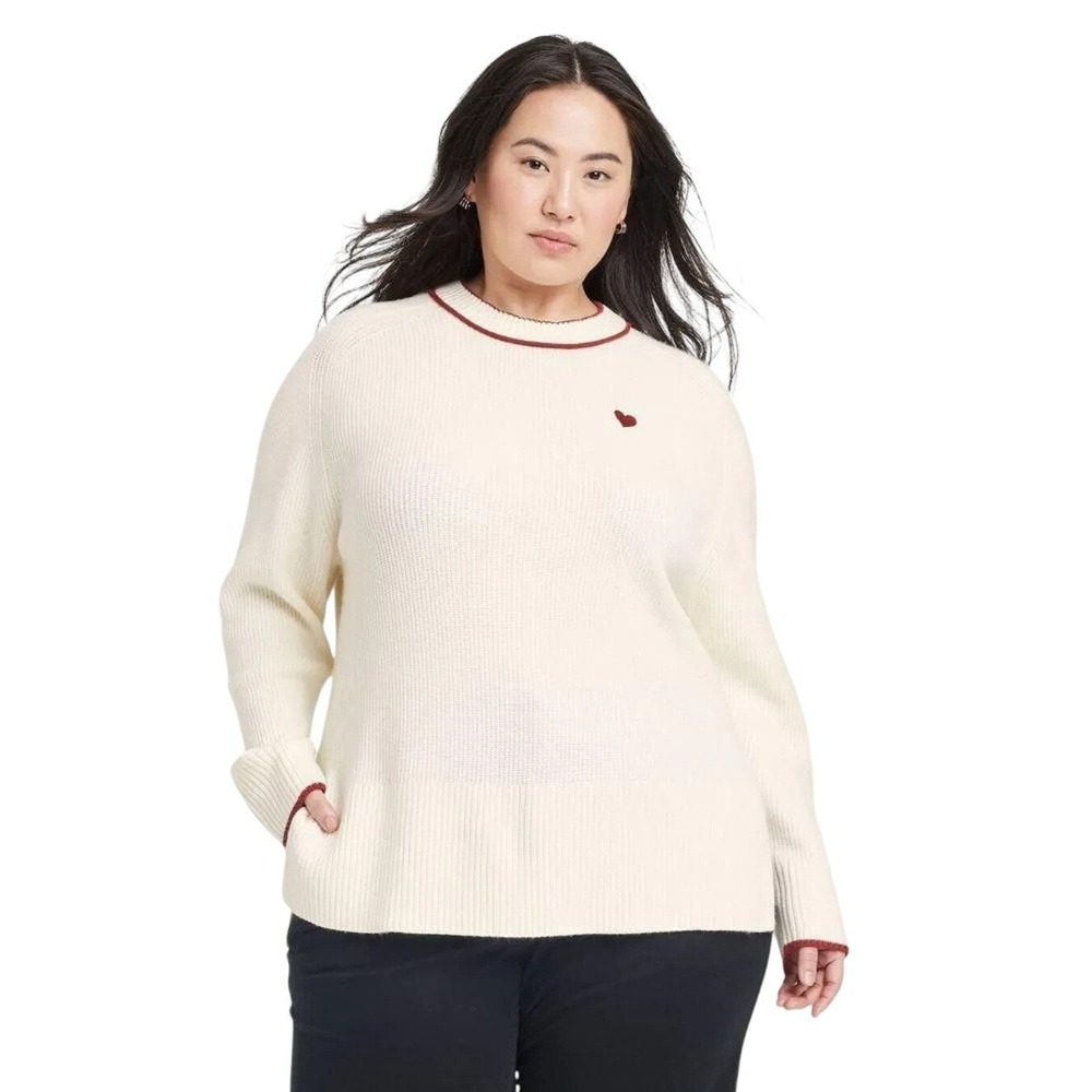 A New Day Valentine's Cream Knit Red Heart Detail Pullover Sweater Size XXL